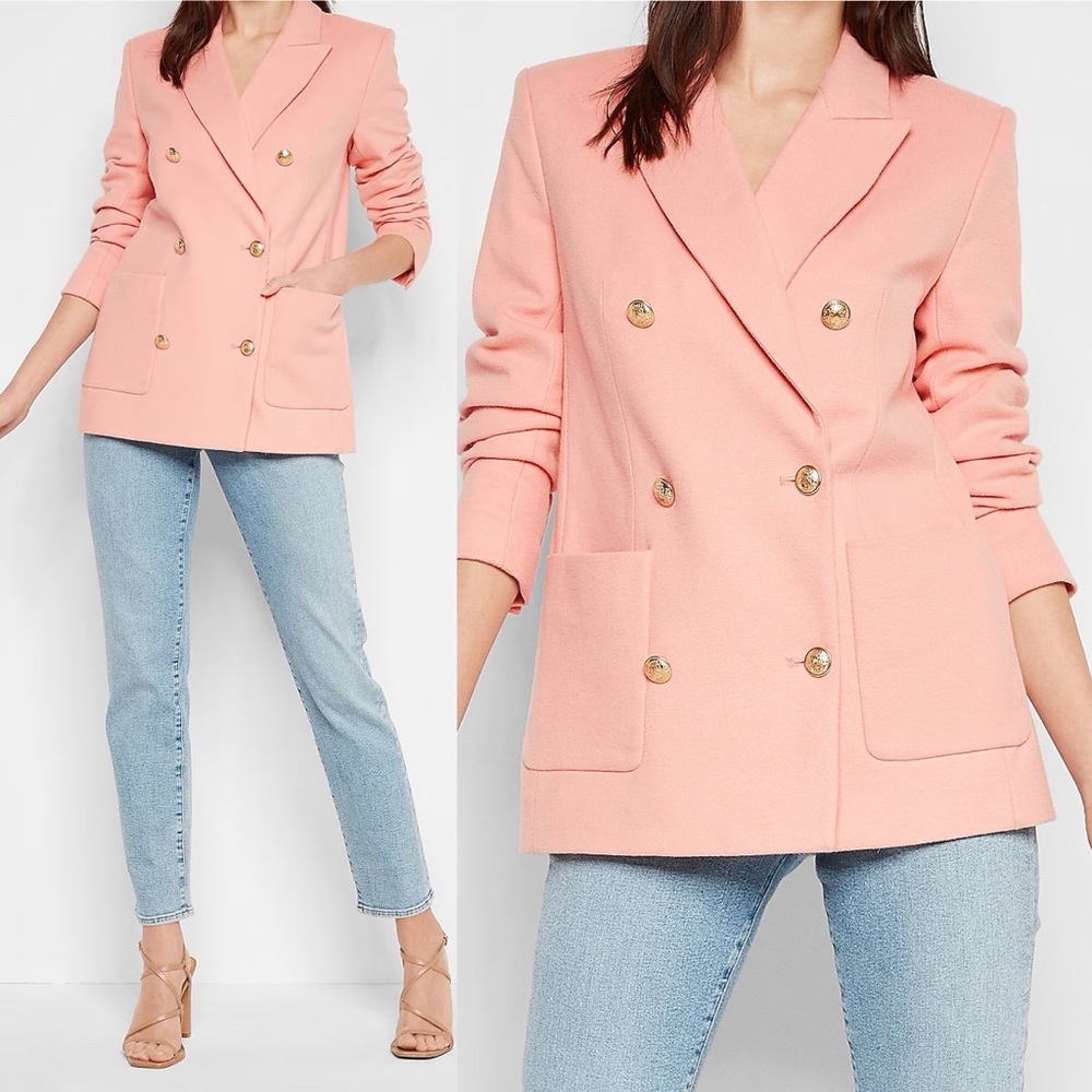 Express Flannel Knit Oversized Double Breasted Blazer Gold Novelty Buttons Small - Picture 7 of 16